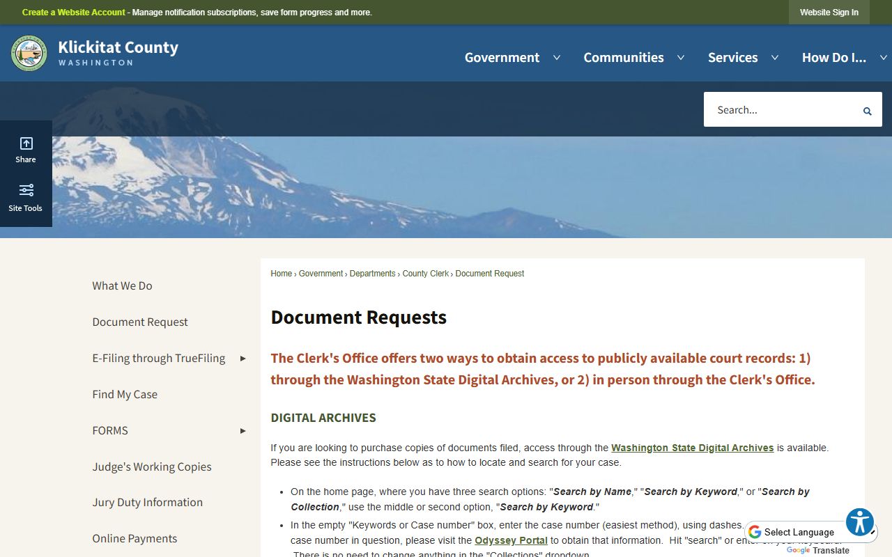 Klickitat County Clerk document request page for court record copies
