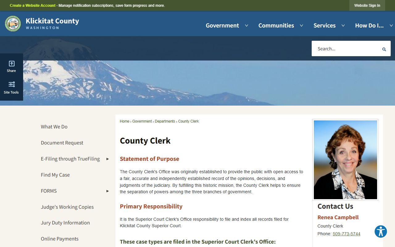 Klickitat County Clerk page with Odyssey Portal court records access