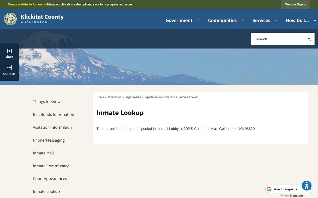 Klickitat County Jail inmate lookup page showing no online roster search