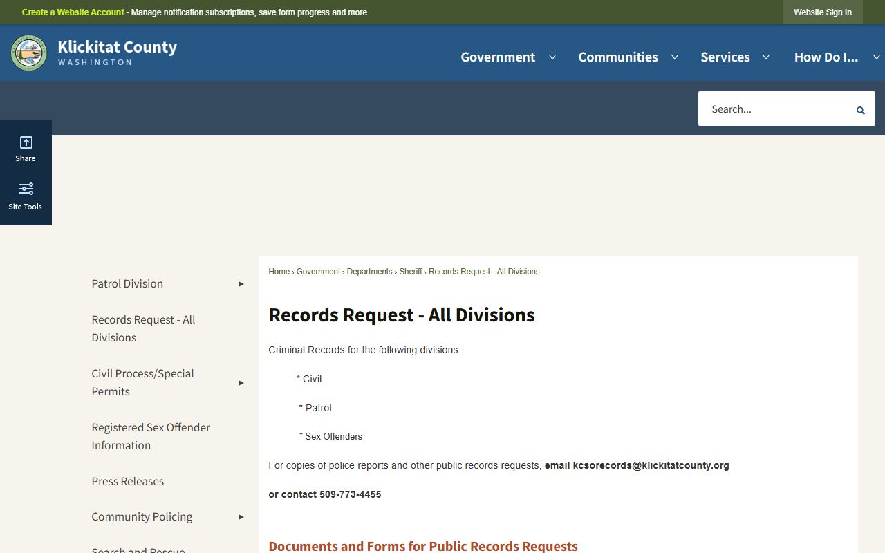 Klickitat County inmate records sheriff records request page