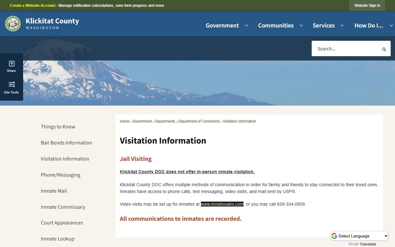 Klickitat County Jail visitation page showing video visits and no in-person social visits